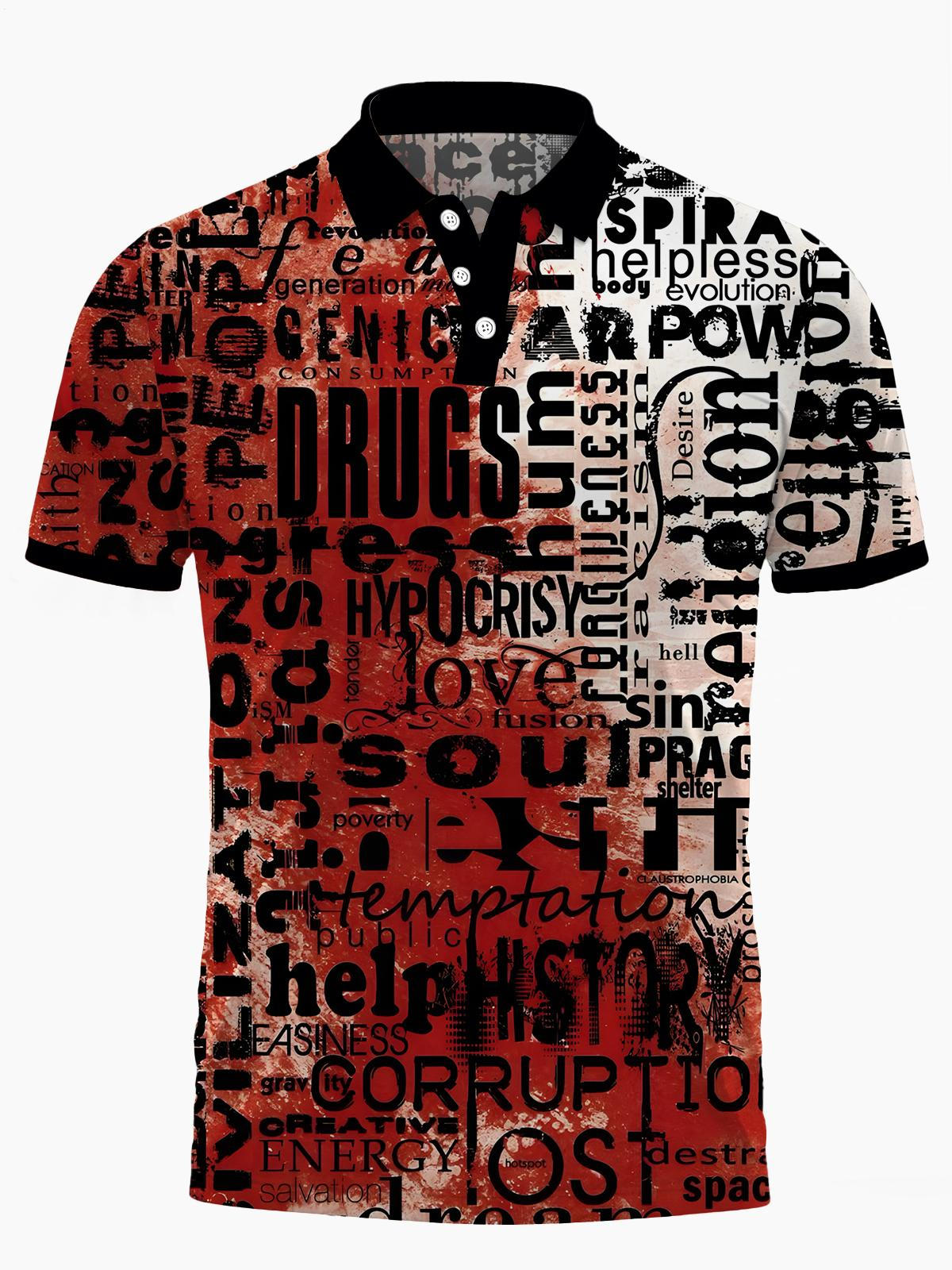 Letter Print Men's Short Sleeve Button Polo Shirt