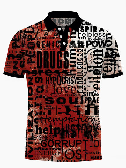 Letter Print Men's Short Sleeve Button Polo Shirt