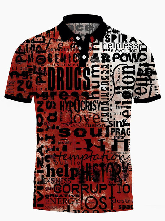 Letter Print Men's Short Sleeve Button Polo Shirt
