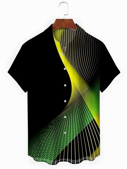 Geometric Gradient Line Print Men's Pocket Short Sleeve Shirts