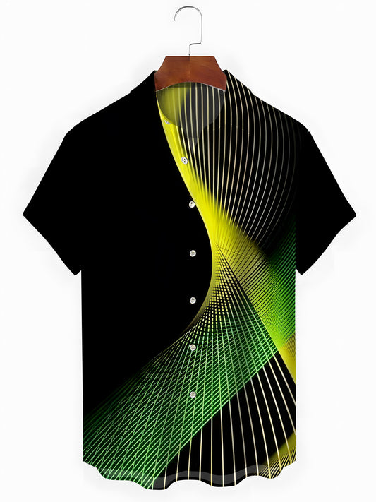Geometric Gradient Line Print Men's Pocket Short Sleeve Shirts