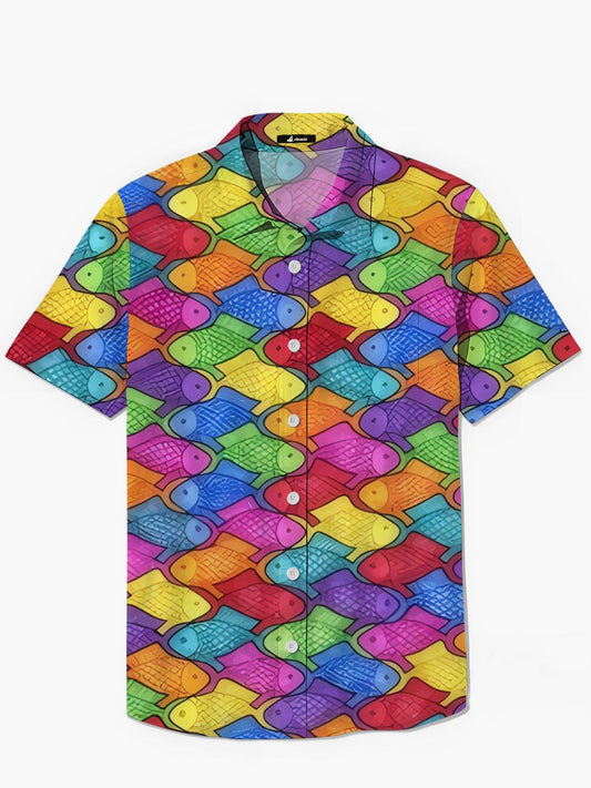 Colorful Fish Print Men's Pocket Short Sleeve Shirts