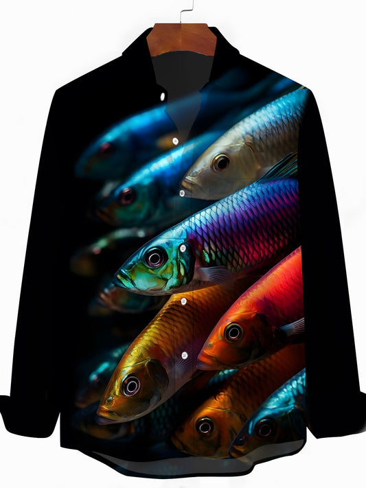Fish Print Men's Pocket Long Sleeve Shirts