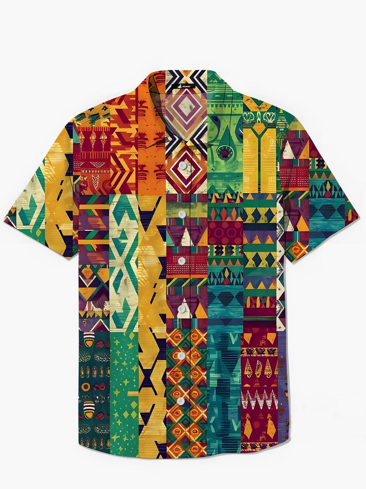 Vintage Geometric Print Men's Pocket Short Sleeve Shirts