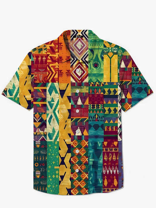 Vintage Geometric Print Men's Pocket Short Sleeve Shirts