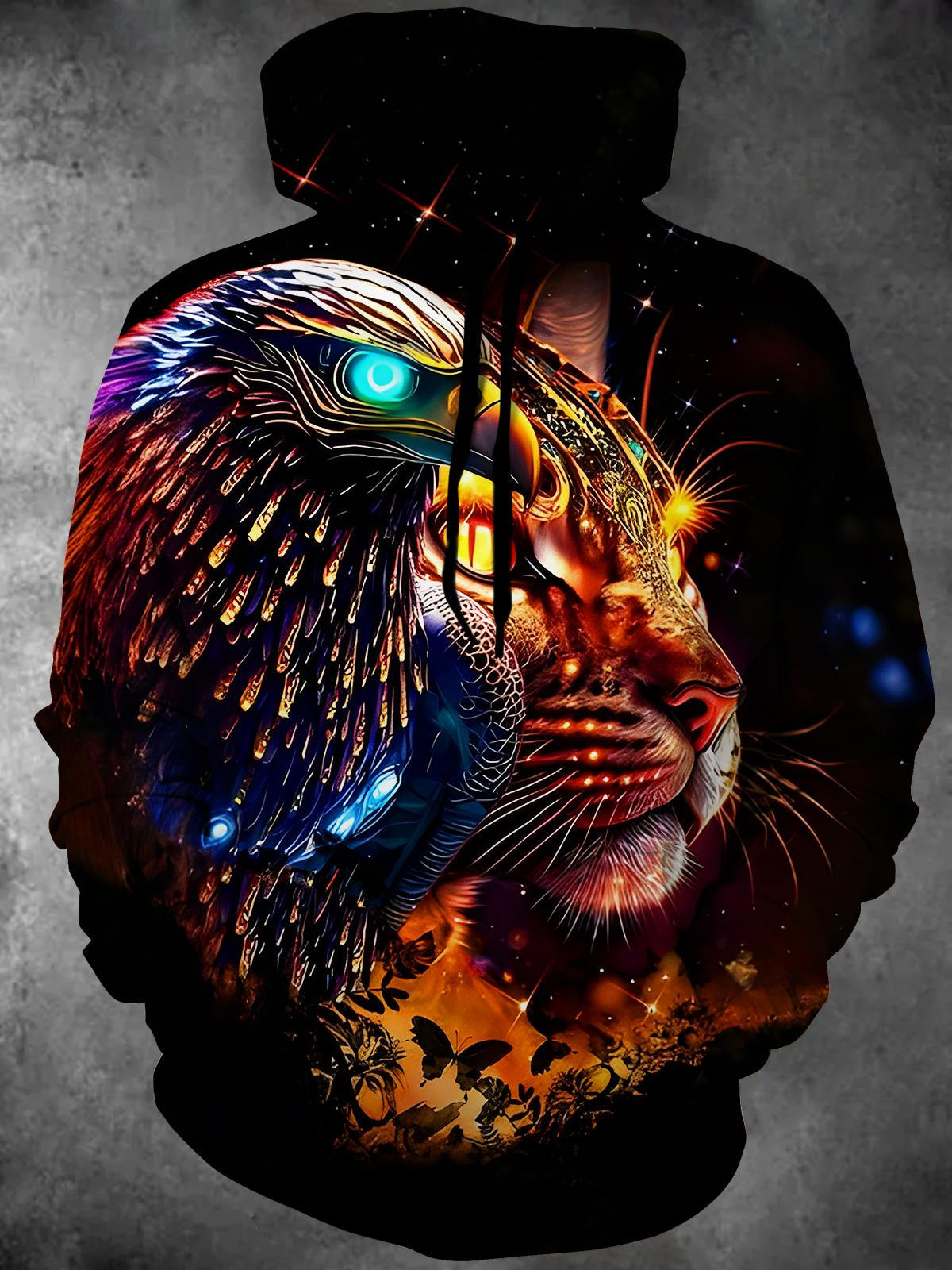 Eagle and Leopard Long Sleeve Hooded Pocket Men's Top
