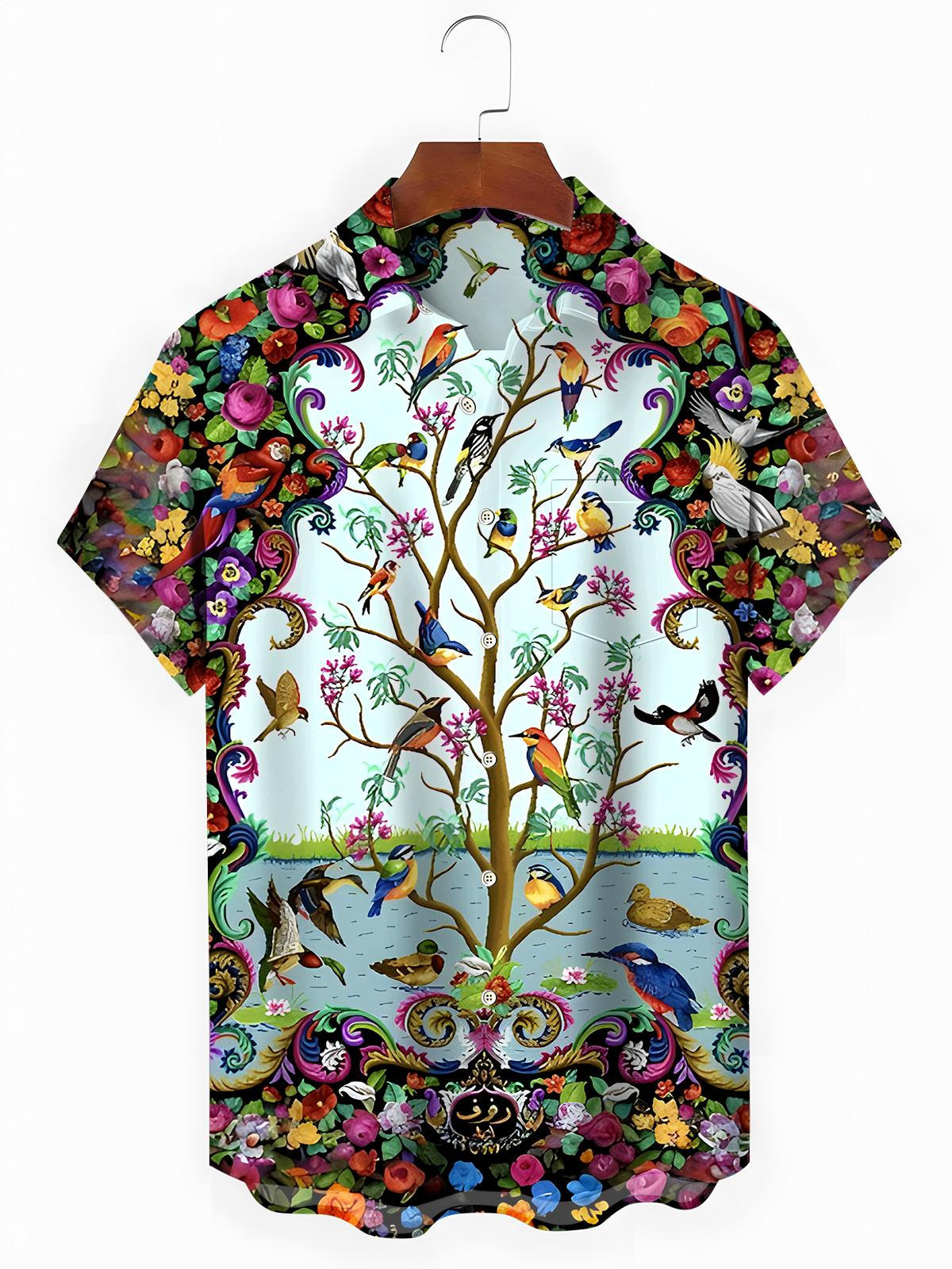 Floral Bird Men's Pocket Short Sleeve Shirts