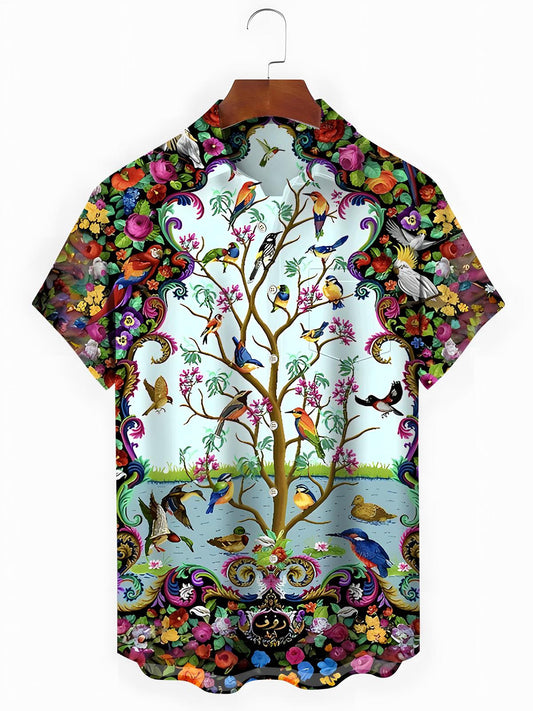 Floral Bird Men's Pocket Short Sleeve Shirts