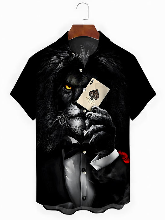 Lion Poker print Men's Pocket Short Sleeve Shirts