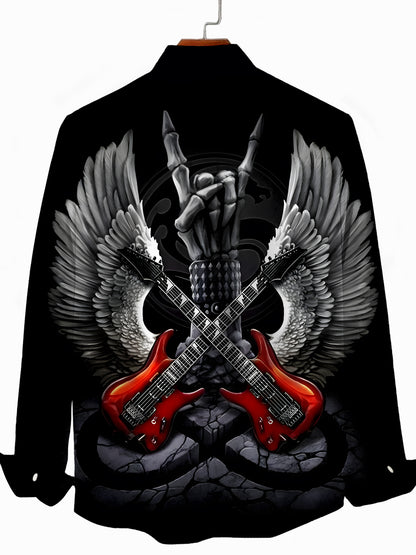 Rock Guitar Wing Print Men's Pocket Long Sleeve Shirts