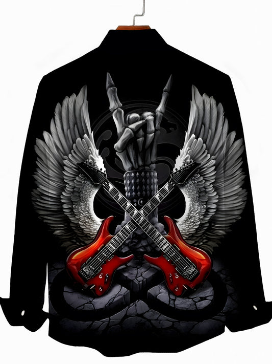 Rock Guitar Wing Print Men's Pocket Long Sleeve Shirts