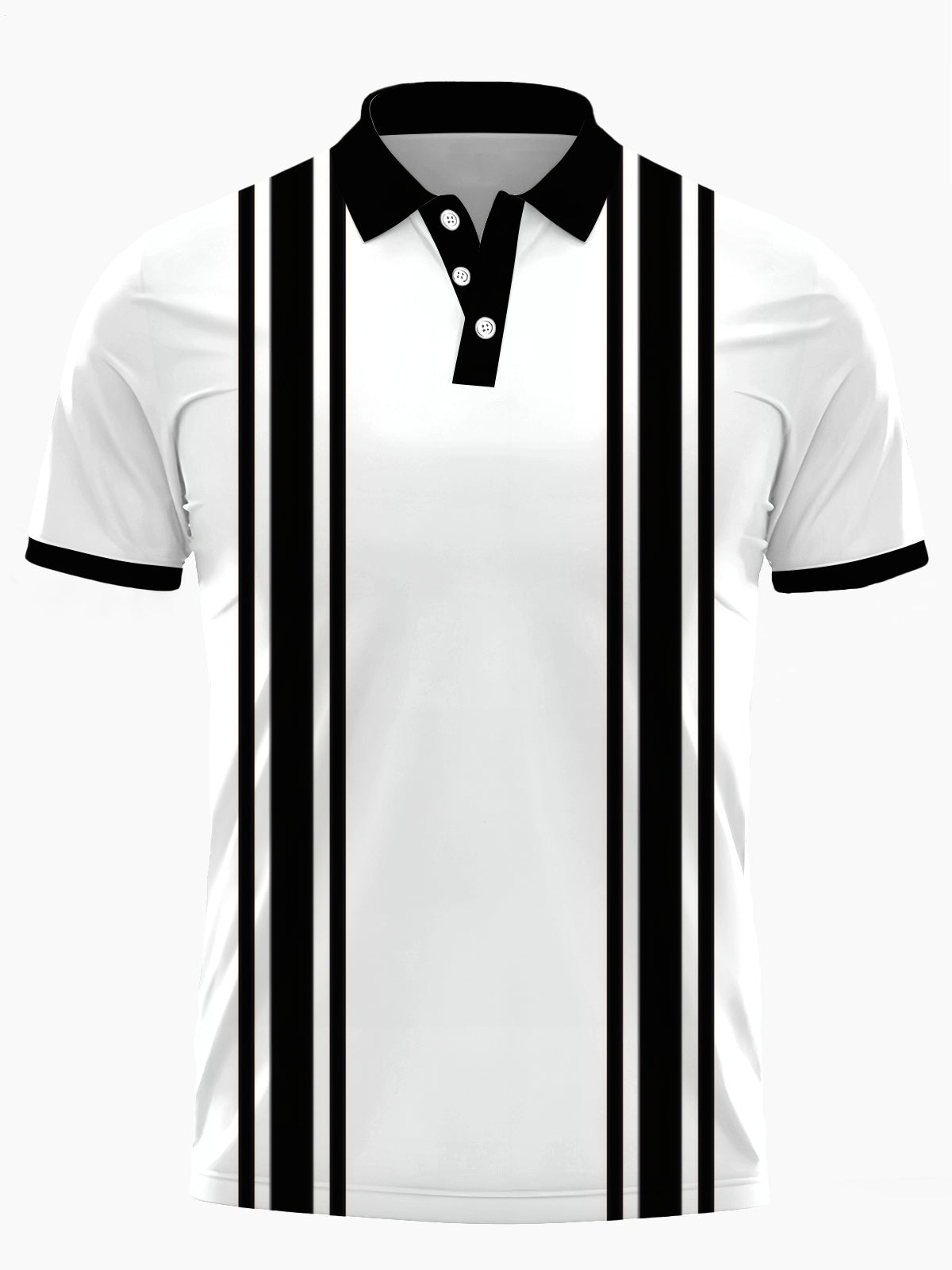 Black White Striped Print Men's Short Sleeve Button Polo Shirt