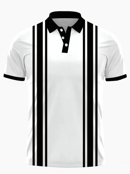 Black White Striped Print Men's Short Sleeve Button Polo Shirt