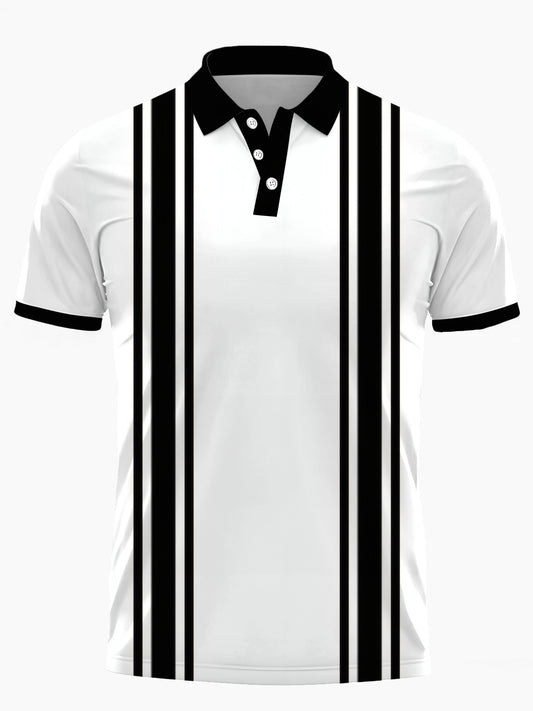 Black White Striped Print Men's Short Sleeve Button Polo Shirt