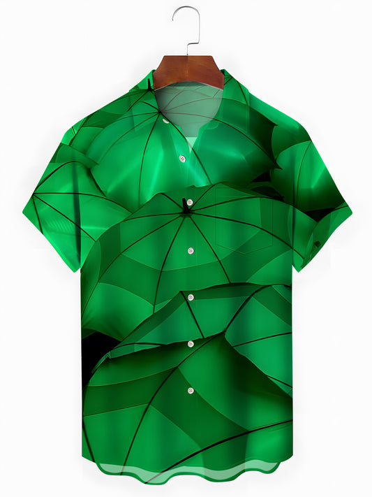 Green Umbrella Print Men's Pocket Short Sleeve Shirts