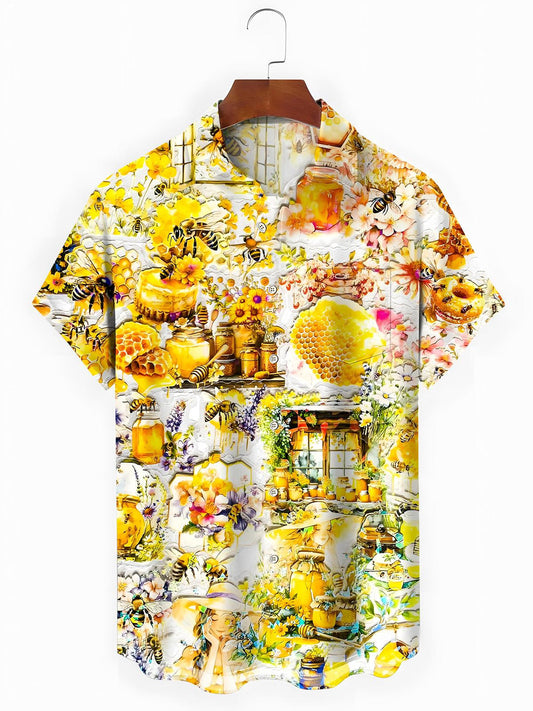 Bee Print Men's Pocket Short Sleeve Shirts