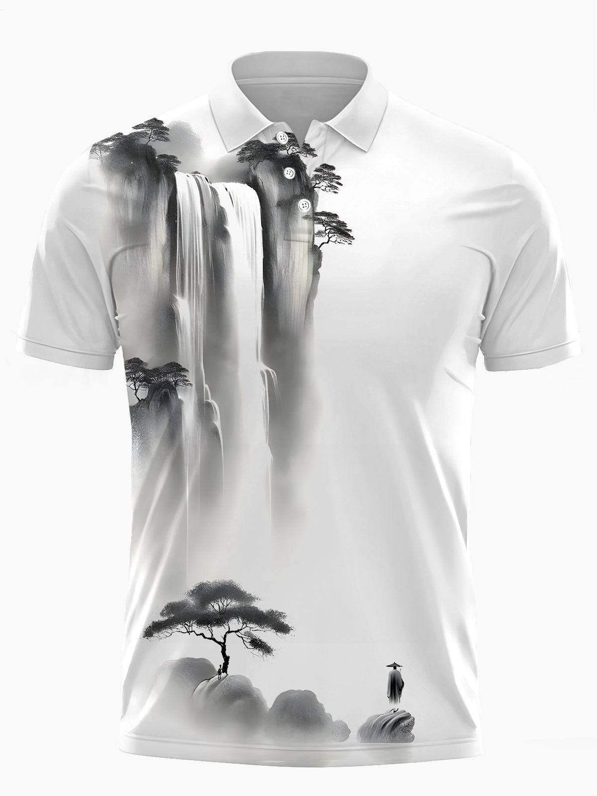 Ink Painting Print Men's Short Sleeve Button Polo Shirt