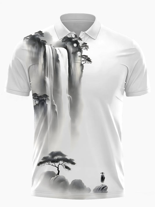 Ink Painting Print Men's Short Sleeve Button Polo Shirt