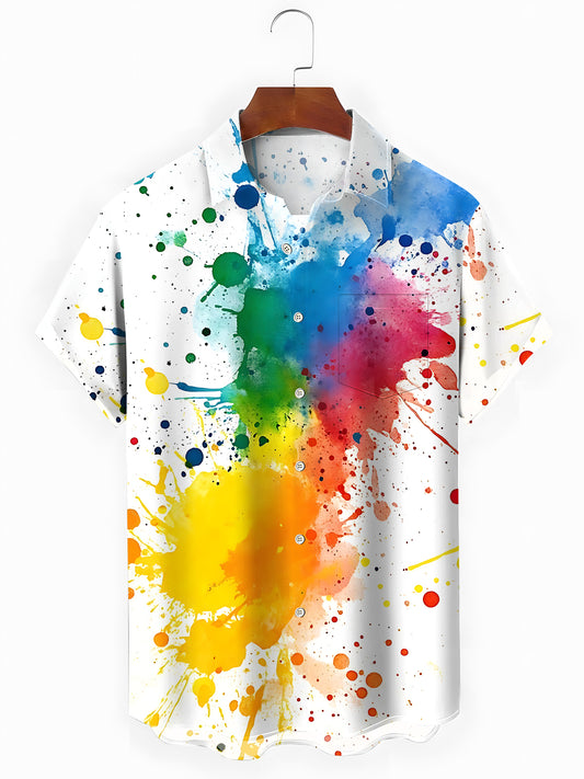 Ink Splash Print Men's Pocket Short Sleeve Shirts
