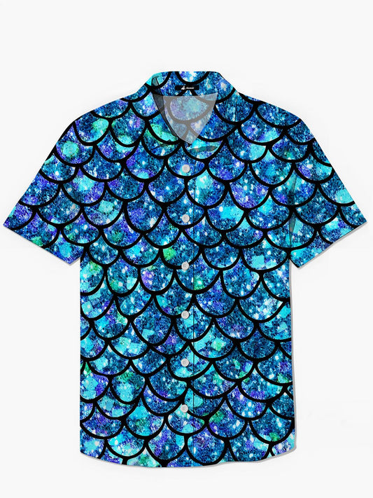 Fish Scale Print Men's Pocket Short Sleeve Shirts