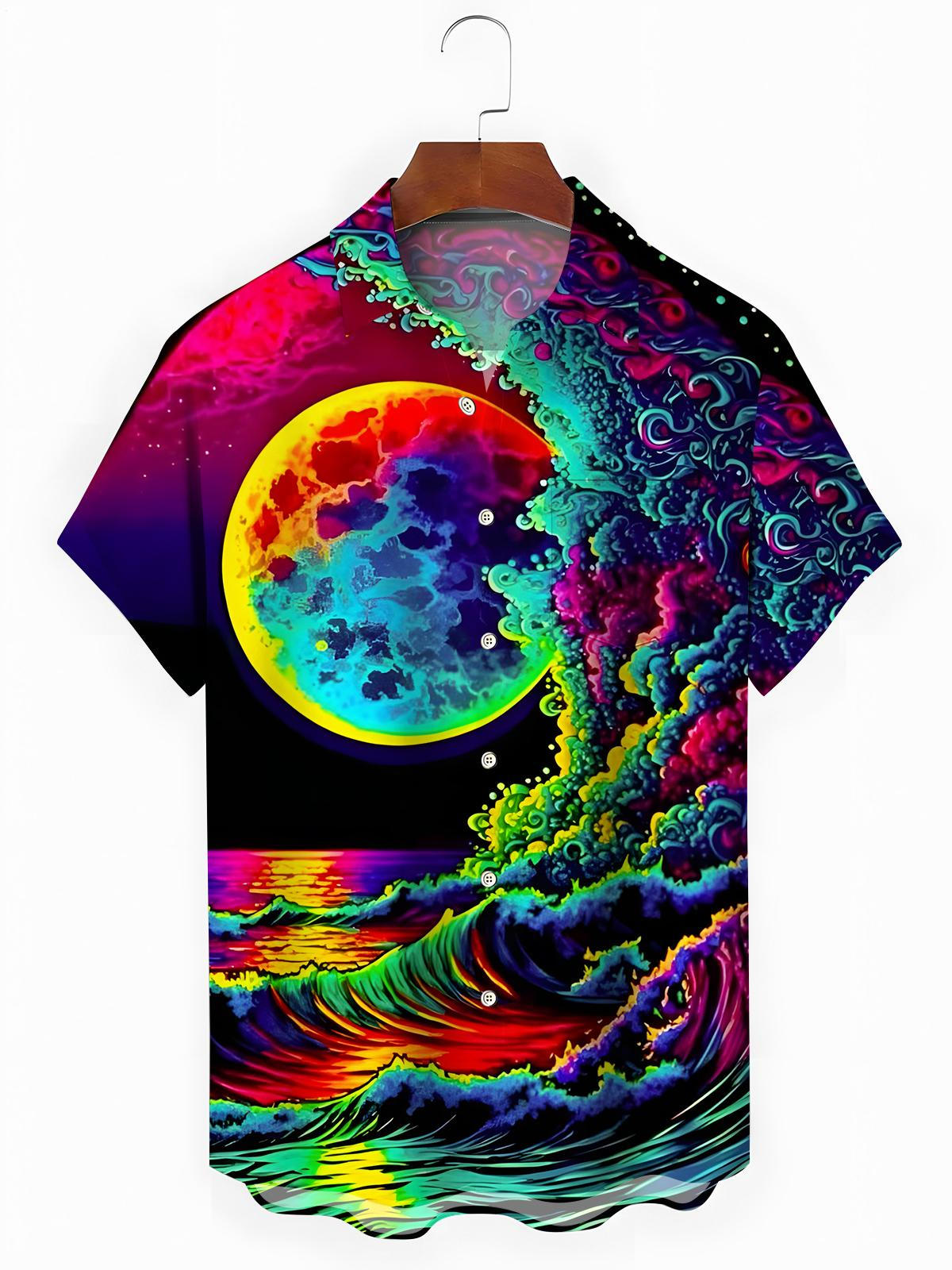 Moon Print Men's Pocket Short Sleeve Shirts