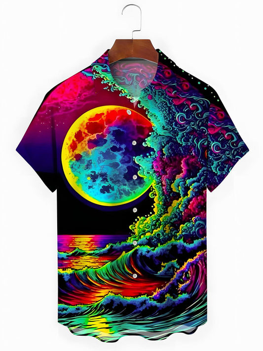 Moon Print Men's Pocket Short Sleeve Shirts