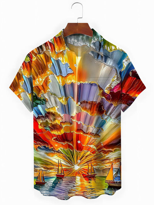 Sailboat Geometric Art Print Men's Pocket Short Sleeve Shirts