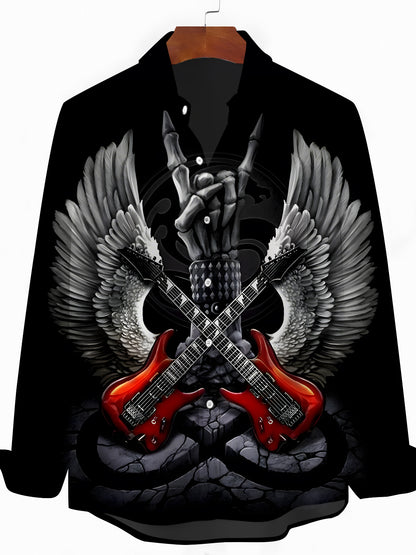 Rock Guitar Wing Print Men's Pocket Long Sleeve Shirts