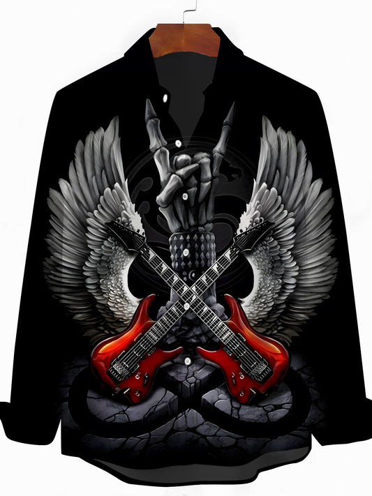 Rock Guitar Wing Print Men's Pocket Long Sleeve Shirts