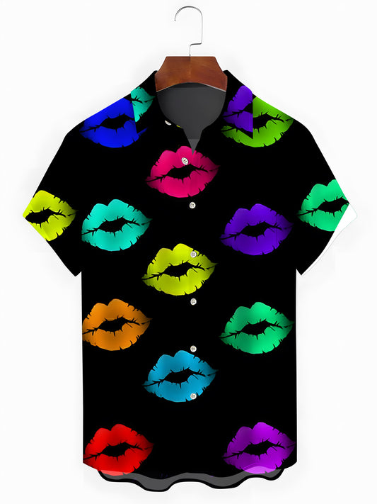 Lips Print Men's Pocket Short Sleeve Shirts