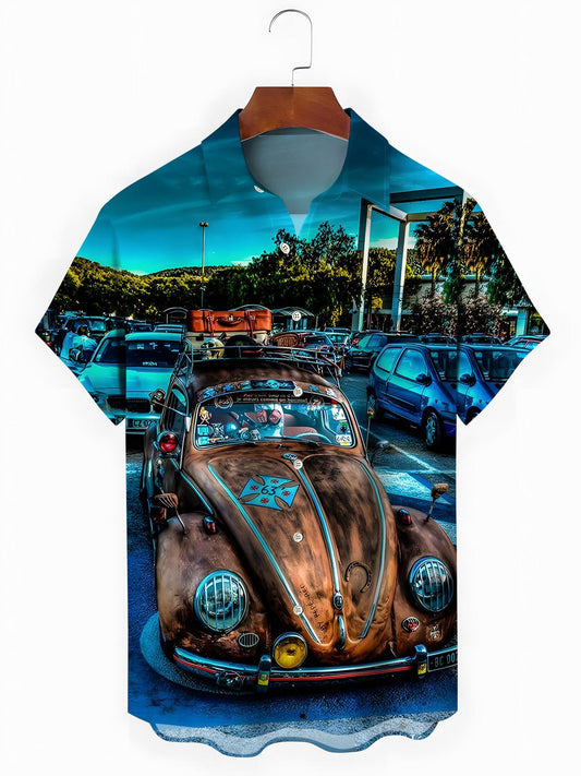 Retro Car Print Men's Pocket Short Sleeve Shirts
