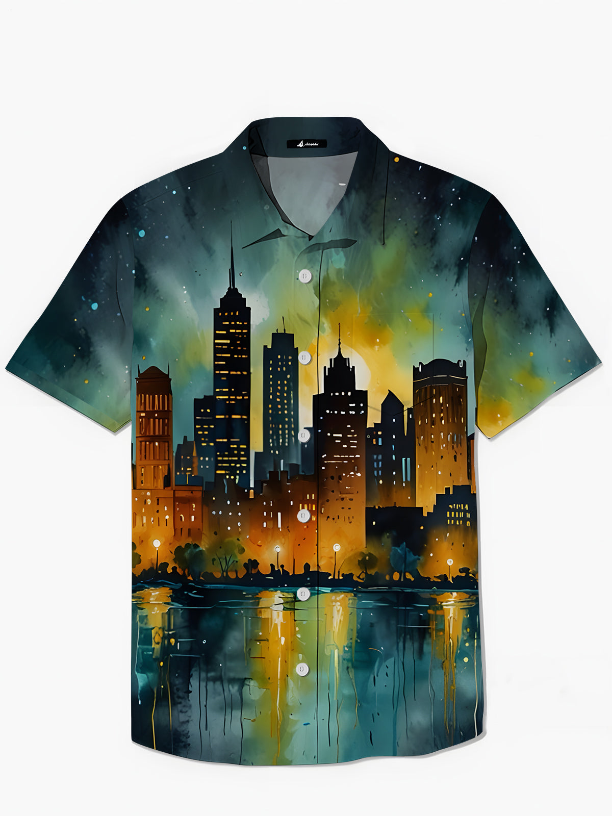 City Night Landscape Print Men's Pocket Short Sleeve Shirts