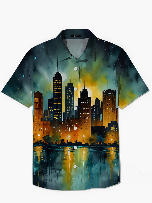 City Night Landscape Print Men's Pocket Short Sleeve Shirts