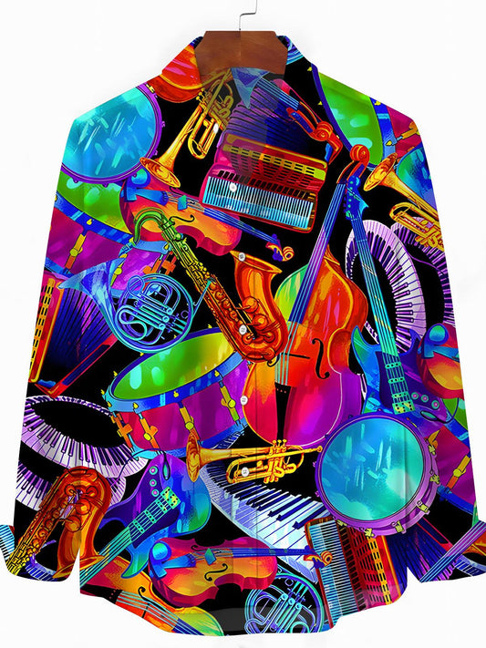 Musical Instrument Print Men's Pocket Long Sleeve Shirts