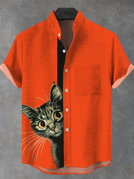Cat Men's Pocket Short Sleeve Stand Collar Shirts