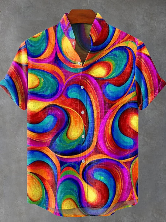 Abstract Print Men's Pocket Short Sleeve Stand Collar Shirts