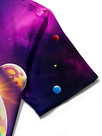 Cosmic Planet Print Men's Pocket Short Sleeve Shirts