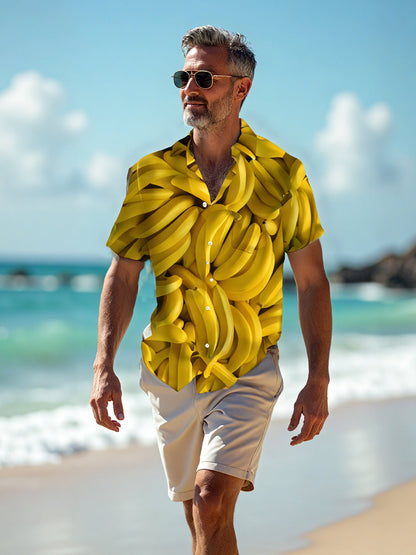 Adaychic Men's Graphic Banana Fruit Print Short Sleeve Button Down Shirt with Chest Pocket