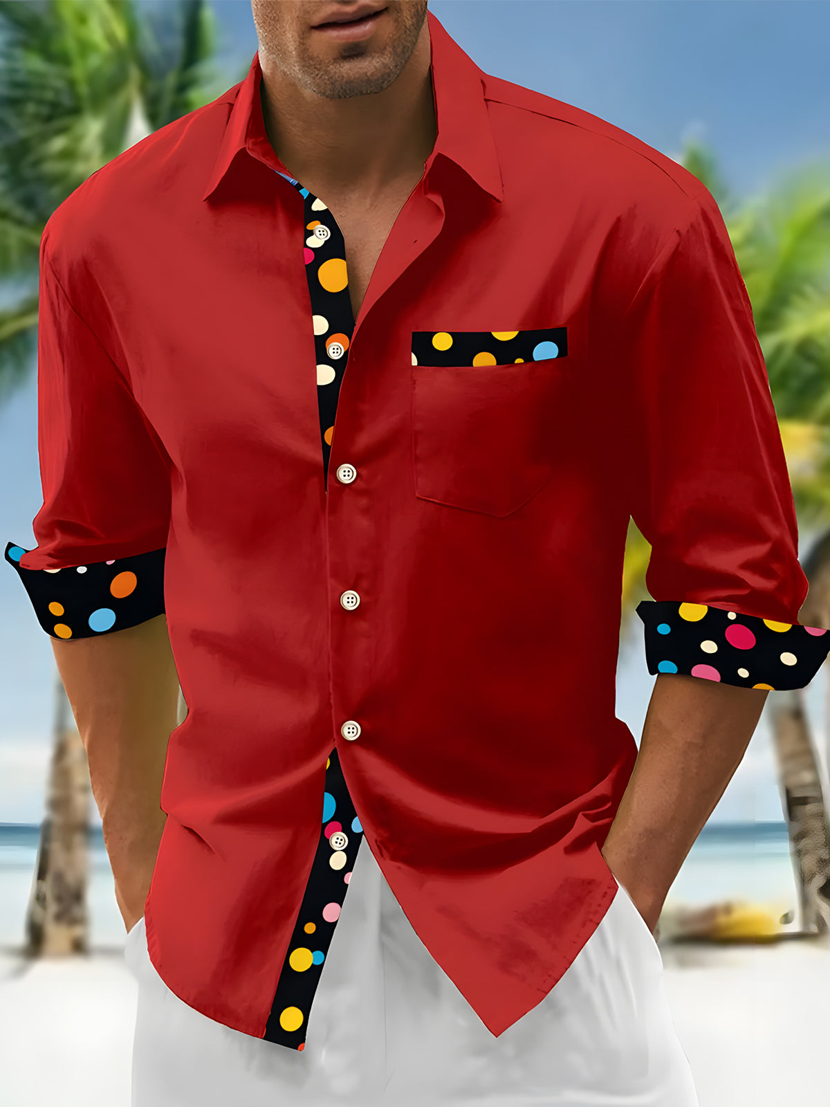 Men's geometric print pocket long sleeve shirt front view