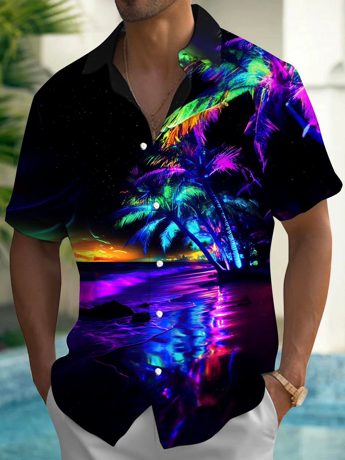 Adaychic Men's Graphic Tropical Neon Palm Tree Beach Print Short Sleeve Button Down Shirt with Chest Pocket
