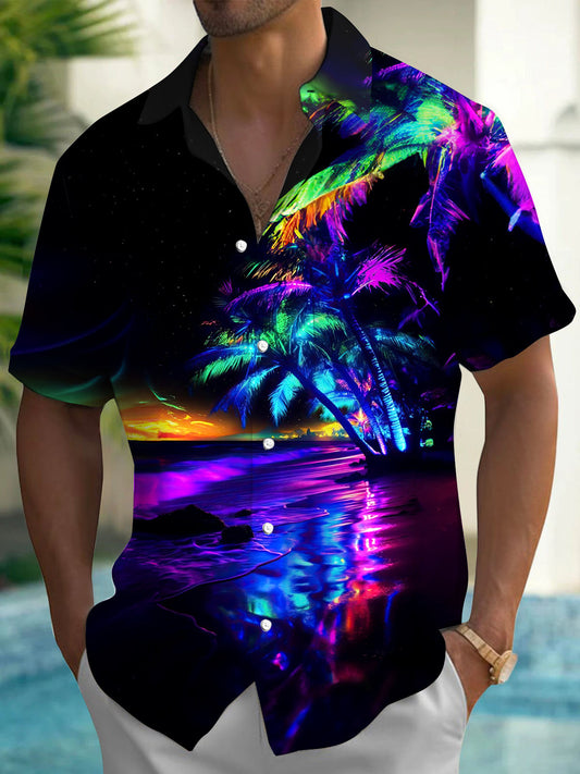 Adaychic Men's Graphic Tropical Neon Palm Tree Beach Print Short Sleeve Button Down Shirt with Chest Pocket