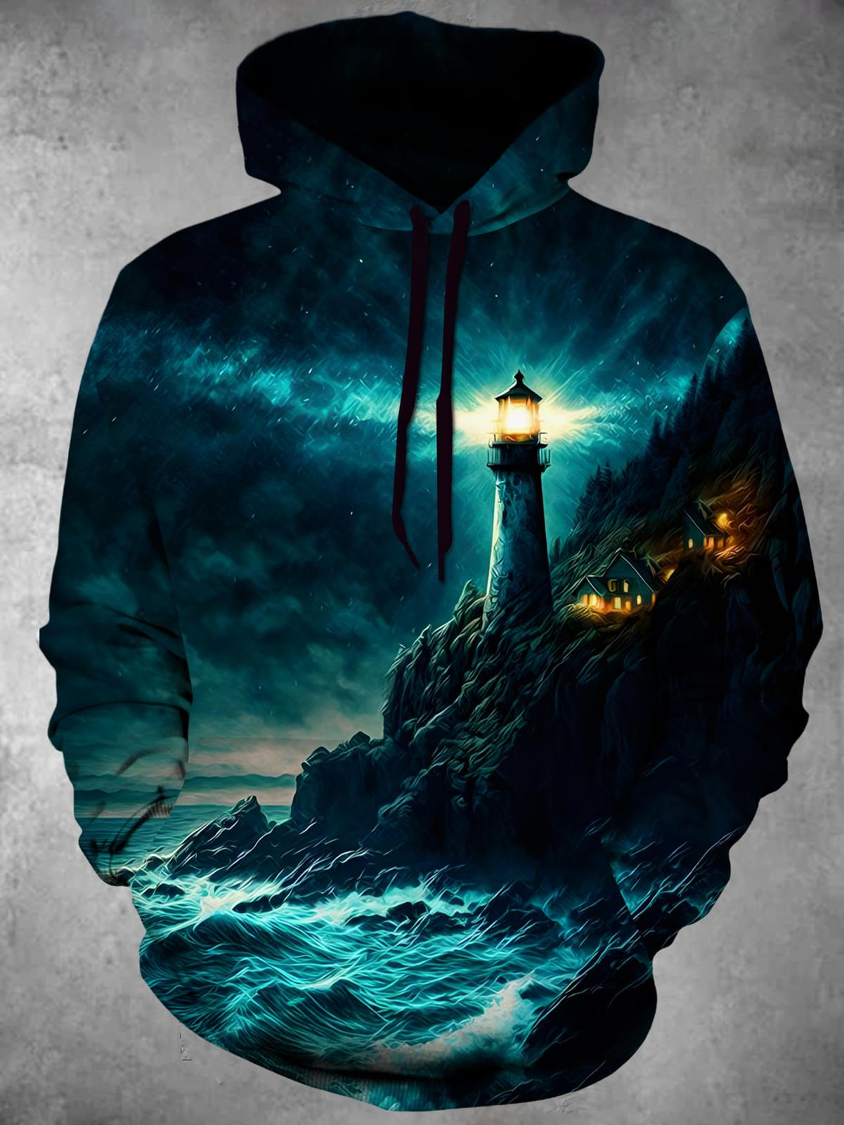 Adaychic Men's Lighthouse Seascape Print Long Sleeve Hoodie