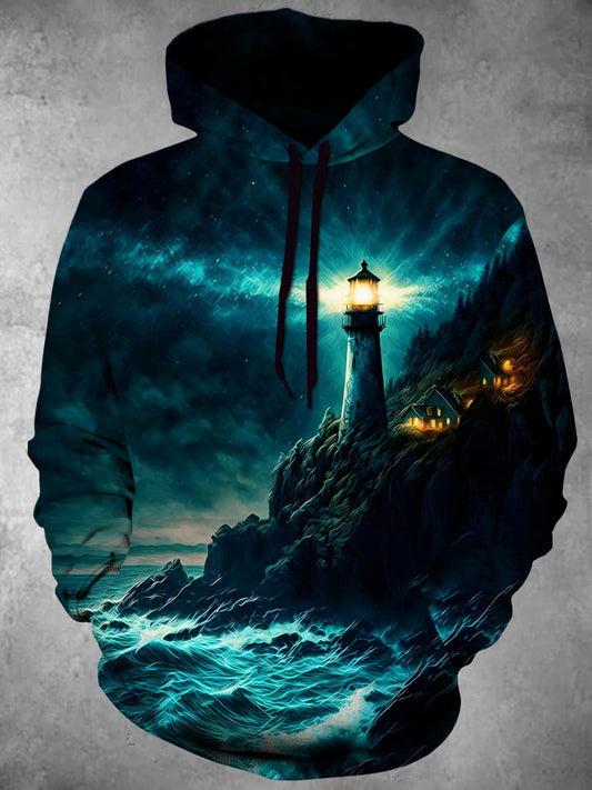 Adaychic Men's Lighthouse Seascape Print Long Sleeve Hoodie