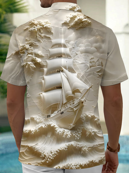 Adaychic Men's Graphic 3D Sailing Ship Boat Print Short Sleeve Button Down Shirt with Chest Pocket