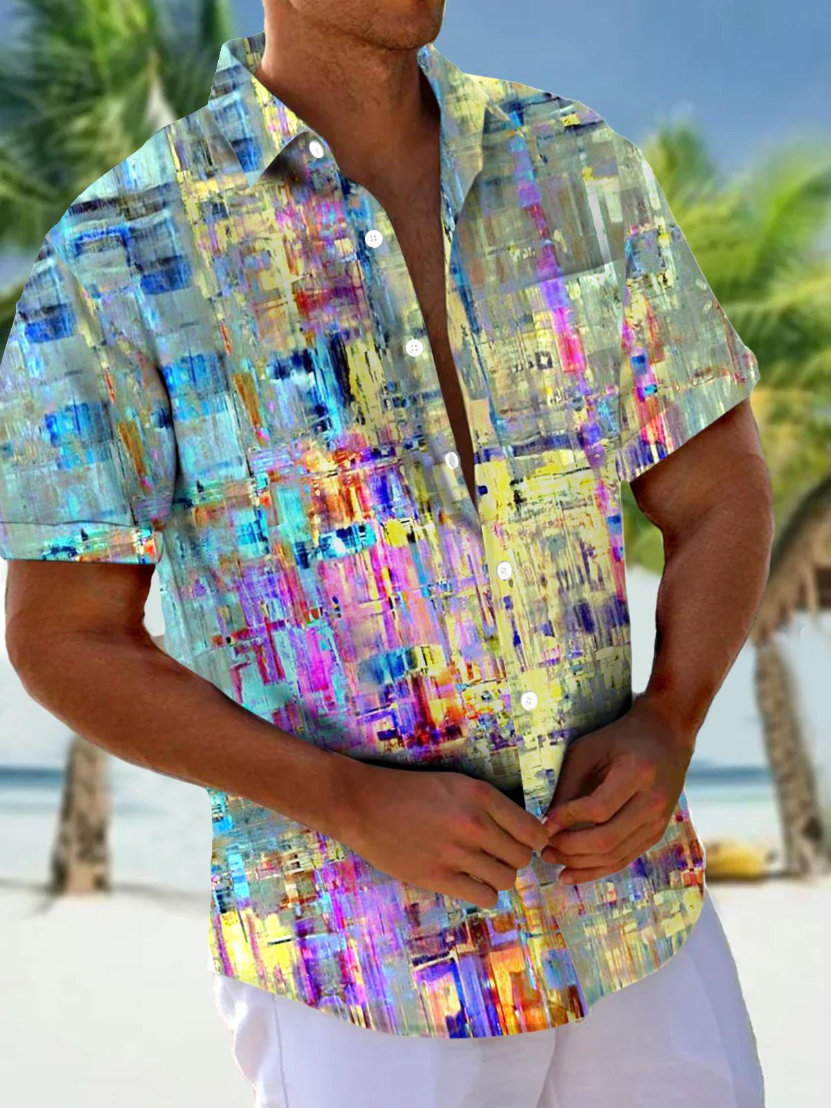 Adaychic Men's Graphic Abstract Gradient Colorblock Short Sleeve Button Down Shirt with Chest Pocket