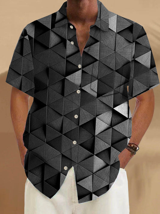 Adaychic Men's 3D Geometric Triangle Print Short Sleeve Button Down Shirt with Chest Pocket