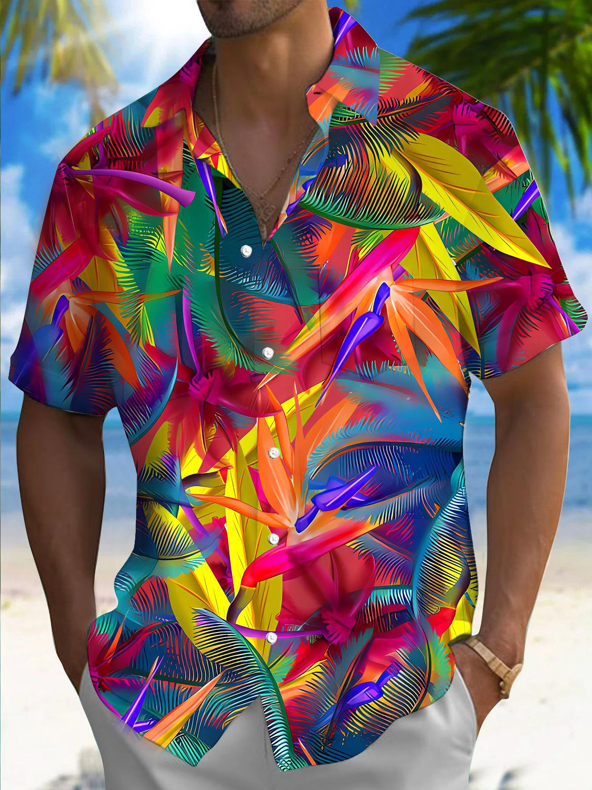 Adaychic Men's Red Hawaiian Tropical Palm Leaf Print Short Sleeve Button Down Shirt with Chest Pocket