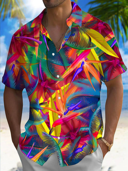 Adaychic Men's Red Hawaiian Tropical Palm Leaf Print Short Sleeve Button Down Shirt with Chest Pocket
