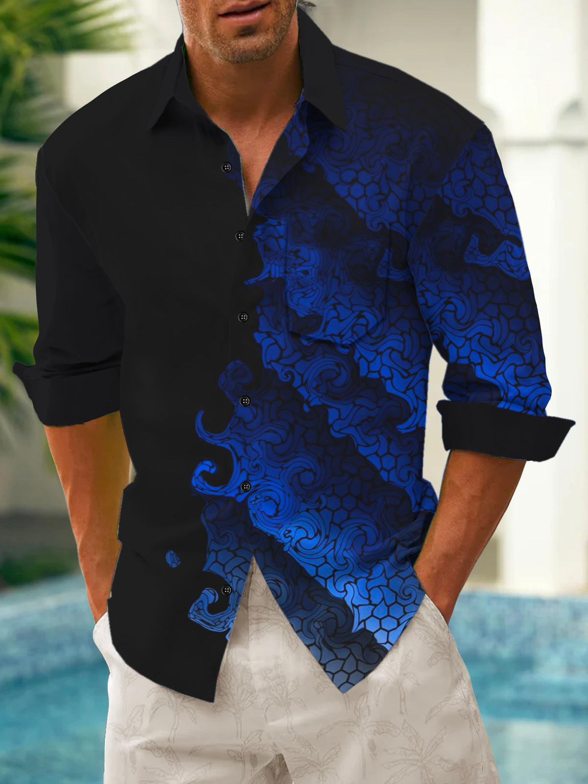men's Hawaiian shirt front view tropical beach vacation