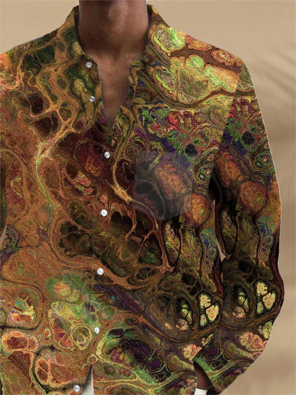Men's abstract print long sleeve shirt back view with pocket